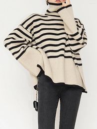 Women's Sweaters Women S Long Sleeve Striped Sweater Turtleneck Casual Loose Side Split Ribbed Knit Pullover