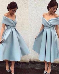 Modest Short Party Dresses Off the Shoulder TeaLength Satin Backless 2019 Arabic Dubai Cheap Evening Dress Prom Cocktail Gowns Cu2387121