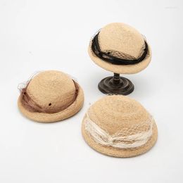 Wide Brim Hats 202403-hq- SW122130 Ins Chic Summer Natural Raffia Grass Silk Linen Mesh Ribbon Lady Sun Cap Women Beret Hat