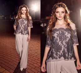 Stylish Lace Mother Of The Bride Pant Suits With Half Sleeves Bateau Neck Wedding Guest Dress Chiffon Plus Size Mothers Groom Dres2160512