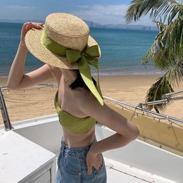 Wide Brim Hats Flat Top Straw Hat Women's Summer Woven Sun Cover Face Sunscreen Beach Women