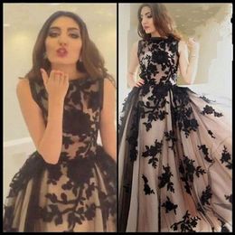 Top Vintage Prom Dresses 2016 Black Appliques Champagne Jewel Sleeveless Floor Length Formal Tulle Party Dresses5851260