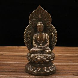 Decorative Figurines 8"Tibetan Temple Old Bronze Brass Shakyamuni Sitting Buddha Backlit Amitabha Ornaments Worship Hall Town House Exorcism