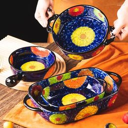 Bowls Household Ceramic Double Ear Noodle Single Handle Baking Plates Soup Salad Oven Specific Tableware