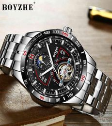 Boyzhe Mens Automatic Mechanical Fashion Top Brand Sports Watches Luxury Tourbillon Moon Phase Stainless Steel Watch Clock Saat Y17948922