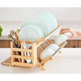 Kitchen Storage 3 Tier Collapsible Large Dish Rack Bamboo Drying Wooden Counter Utensil Holder Drainer