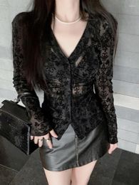 Women's Blouses Spring Black Blouse Slim V Neck Sexy Casual Women Shirts Flocking Lace Y2k Tess Chic Vintage Elegant Blusas De Mujer