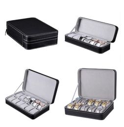 Watch Boxes Cases 61012 Slots Box PU Leather Portable Zipper Quartz Watches Case Holder Organiser Black Jewellery Display Gift9029200