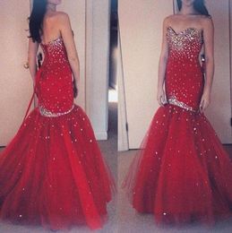 Shiny Red Tulle Mermaid Delicate Evening Dresses Cheap Sweetheart Backless Beaded Crystals Pleats Floor Length Ruffles Formal New 7395757