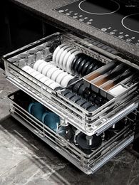 Kitchen Storage Pulling Basket Cabinet 304 Stainless Steel Doublelayer Drawer Style Dish Tray Rack Damping Track Bowl