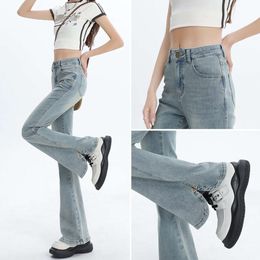 Micro flared pants for women in spring 2024 new split elastic pants nostalgic blue side split high waisted flared pants