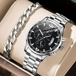 Wristwatches 2Pcs/set Men's High Fashion Business Steel Band Quartz Watch And Alloy Bracelet Set Gift Choice