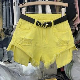 Women's Jeans Sexy Women Pocket Pants Leg Worn Yellow Thin Short 2024 Summer Retro Girl A- Line Denim Shorts Fashion
