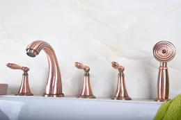 Bathroom Sink Faucets Antique Red Copper Brass Widespread 5 Hole Roman Tub Bath Faucet With Telephone Style Hand Held Shower Head Atf195