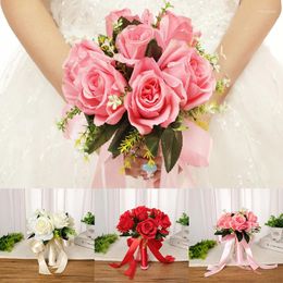 Decorative Flowers Silk Wedding Bouquets Holding Artificial Natural Rose Bouquet White Champagne Bridesmaid Bridal Party Decoration