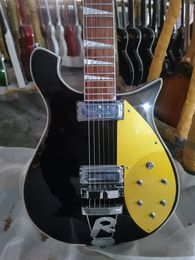 High quality electric guitar, black guitar,Small vibrato system,Body inlaid with colored edges, yellow guard, in stock. Fast delivery