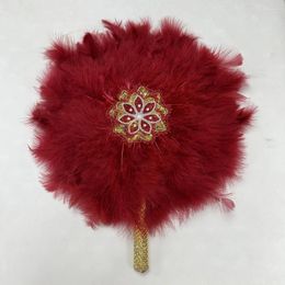 Decorative Figurines Red Double-sided African Turkey Feather Hand Fan Handmade Fans For Dance Wedding Decoration With Stones