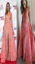 2015 Watermelon Evening Dresses Aline Deep V Neckline Front Split Floor Length Middle East Celebrity Party Dresses1876665