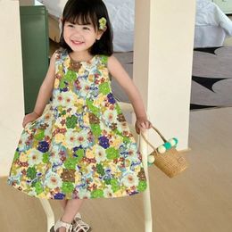 2024 Girls Dress Summer Kids Casual Beach Solid Cotton Quality Children Clothing Fashion Print Princess Dresses y240326