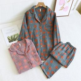 Home Clothing Sleepwear Autumn Cotton Thin Set Yarn-dyed 2 Pants Clothes Retro Pieces Sleeved Pyjamas Long Women's