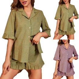 Home Clothing Women Cotton Luxury Thin Clothes Loose Half Sleeve Lapel Ruffled Hem Shirts With Shorts Summer Pajamas Buttons Loungewear