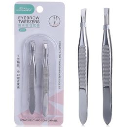 2pcs / set of flat mouth oblique mouth silver eyebrow clip stainless steel eyebrow pulling forceps False Eyelash Extension clip