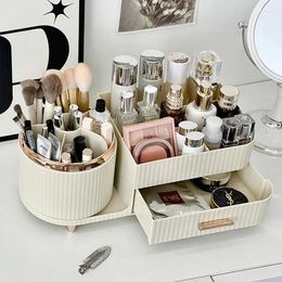 Storage Boxes Vanity Countertop Cosmetics Organiser With Rotating Makeup Brushes Holder And Drawer Plastic Large Capacity Beauty Display