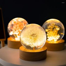 Decorative Figurines 3D Dandelion Crystal Ball 5cm 6cm Luminous Immortality Flower Gift Wood Stand Base Preserved Sphere