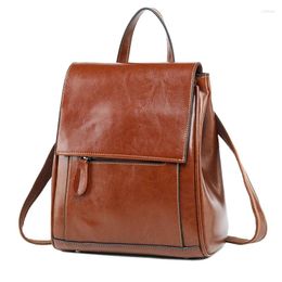 School Bags Women Backpack Cross Body Shoulder Oil Wax Genuine Leather Laptop Fashion Retro Cowhide Female Rucksack Backpacks