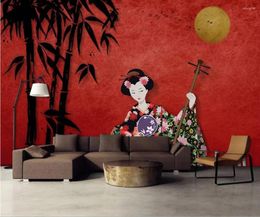 Wallpapers China Hand-painted Japanese Beauty Bamboo Red 3D Background Decoration Wallpaper Wall Painting