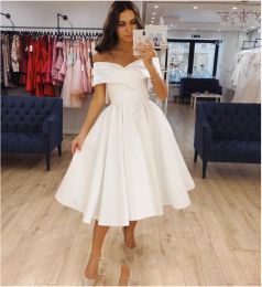 Dresses Short Wedding Dress Satin Knee Length 2021 Pleat Simple Off Shoulder Bridal Gown For Women Brides Elegant Cheap Robe De Mariee For