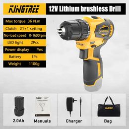 Kingtree 12V Cordless Brushless Impact Drill Electric Screwdriver Home DIY Power Tools 36 Nm dual speed drill 240402