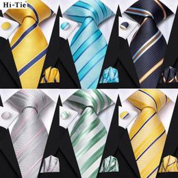 Bow Ties Hi-Tie Men Fashion Striped Blue Necktie Handkerchief Cufflinks Set For Tuxedo Accessory Classic Silk Luxury Tie Man Gift