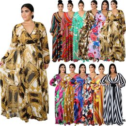 Designer Women's Fashion Sexy European and American Large Size Dress new fashion Paris V-Neck long sleeve Flower Beach Chiffon Dress Obese women's casual dress S8YQ