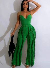 Women's Two Piece Pants WUHE Summer Street Set Strapless Plunging V-neck Top And Tassel Straight Suit 2024 Outfits Tracksuit