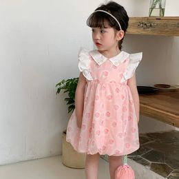 Korean Summer Toddler Girls Dress Turn Down Collar Fly Sleeve Babys Girl Cotton Full Printed Fluffy Hem Infant 240322