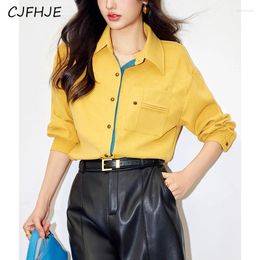 Women's Blouses CJFHJE Spring Korean Fashion Color Block Front Yellow Shirt Retro Style Ladies Loose Casual Long Sleeved POLO Neck Top