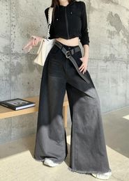 Women's Jeans Women Black Denim Pant With Ripped Fringed Wide Leg Baggy High Waist Y2k Pants Harajuku Plus Size Boyfriend Loose Straight