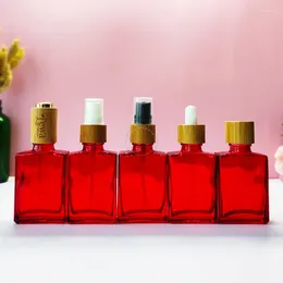 Storage Bottles 3/7Pcs 1OZ Empty Red Square Glass Bottle Eye Dropper Bamboo Spray Pump Dispenser Essential Oil Refillable Container Bulk