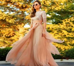 Dubai Long Evening Dresses Vintage High Neck with Half Sleeves Champagnepink Chiffon and Sequined Top Floor Length Muslim Kaftan 6861301