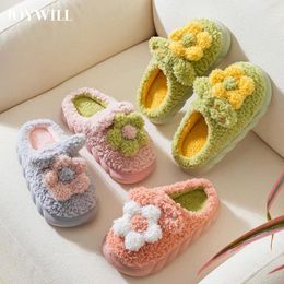 Slippers JOYWILL Plush Winter Women Cute Flower Cotton Shoes For Home Indoor Thick Soled Non-Slip Warm