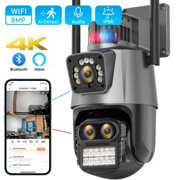 Cameras 4K 8MP WIFI Camera Outdoor 8X Zoom Three Lens Dual Screen Audio Home Security PTZ Camera Auto Tracking CCTV Video Surveillance