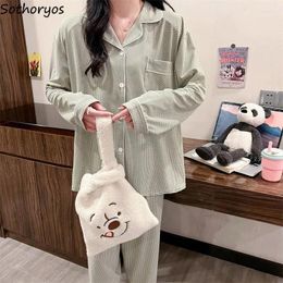 Home Clothing Pajama Sets Women Couple Autumn Fashion Turn Down Collar Basic Nightwear Harajuku Student Unisex Sleepwear Comfortable Lounge