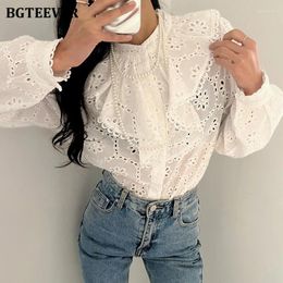 Women's Blouses BGTEEVER Spring Ruffles O-neck Hollow Out Women Lace Shirts Stylish Long Sleeve Loose Female Single-breasted Tops