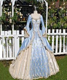 Vintage Ball Gown Victorian Dress Mediaeval Gothid Bridal Gown Champagne Light Sky Blue Long Bell Sleeves Appliques Scoop Neck Cust7964822