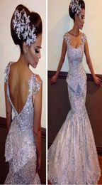 Amazing Sparkly Mermaid Evening Dresses Sexy Neckline Beaded Sequins Appliques Backless Prom Dresses 2017 Stunning Organza Evening3834528