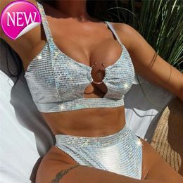 2024 New Fashion Designer Wholesale Womens Swimwear Sexy Womens Sexy Shiny Silver Plaid Push Up Bikini High Waist Women Metal Ring Swimsuits Bathing Suit Brazilian B