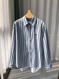 Women's Blouses Embroidered Ladies Long-Sleeved Shirt Women Blue Striped Cotton Blouse Turn-Down Collar Retro Top 2024 Spring