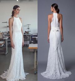 Country Style Beach Wedding Dress Sheath Column Full Lace Halter Neck Sleeveless Bridal Gowns with Exquisite Beaded Pearls Sash Tr1904774