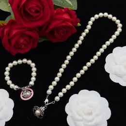 NEW designed Pearl necklace Pink enamel Colour Saturn plendant women crystal-encrusted orb safety pin motif Wedding Jewellery sets Designer Jewellery N0240